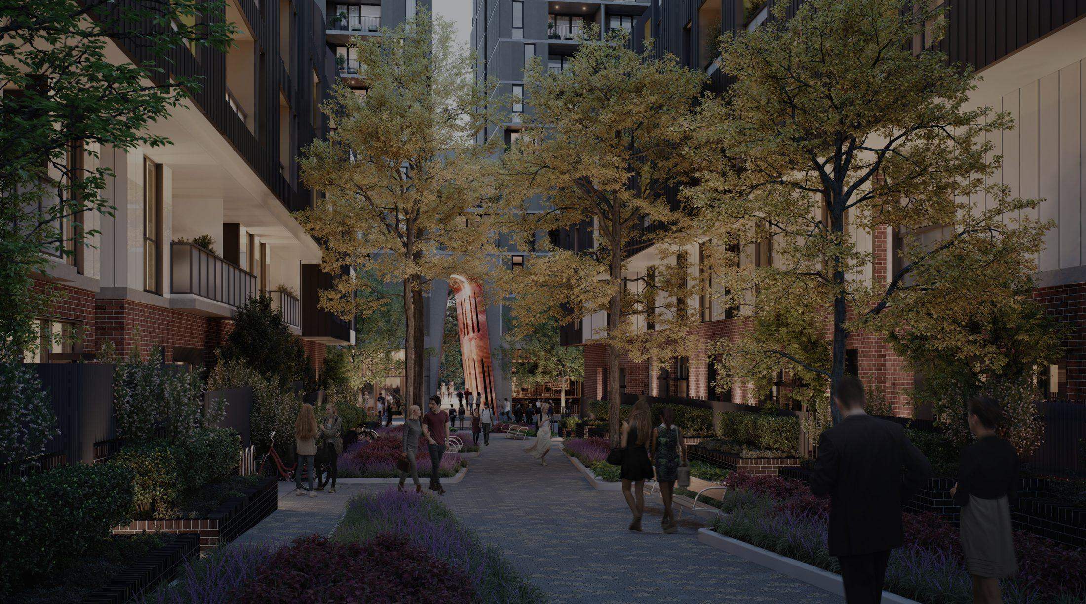Tree-lined street of new apartment buildings